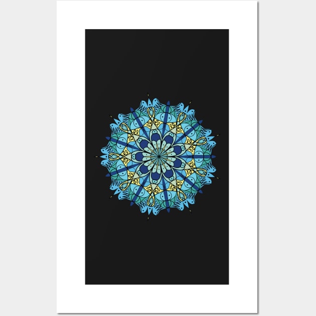 Monochromatic Blue and Green Mandala with Hint of Yellow Graphic Design, Artwork Wall Art by xcsdesign